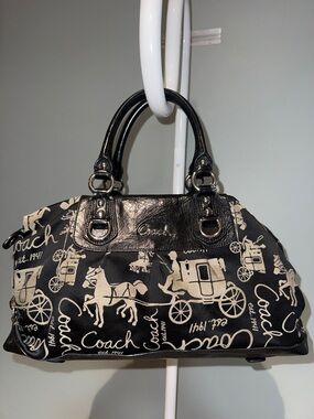 Coach 2010 Ashley Black and Tan Horse & Carriage Print Satchel